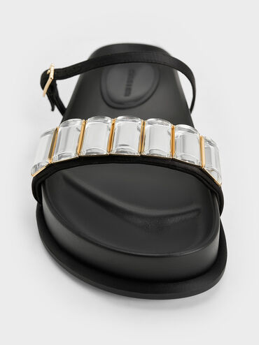 Sandalias de raso con doble tira y adornos de cristal, Negro texturizado, hi-res