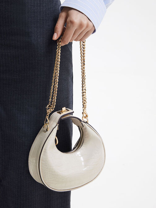 Mini Croc-Effect Moon Bag, Ivory, hi-res