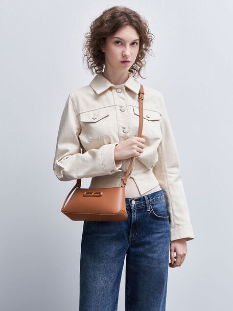 Gabine Leather Trapeze Shoulder Bag, Cognac, hi-res