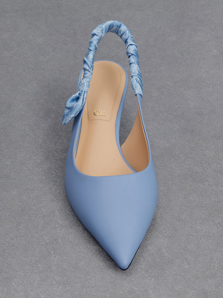 Leather Ruched Print Slingback Pumps, Light Blue, hi-res