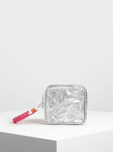 Crumpled Effect Zipper Pouch, Silver, hi-res