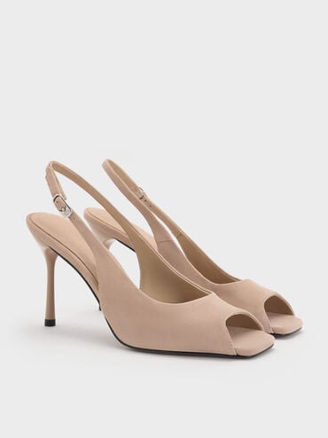 Kyra Suede Peep-Toe Slingback Heels, Taupe, hi-res