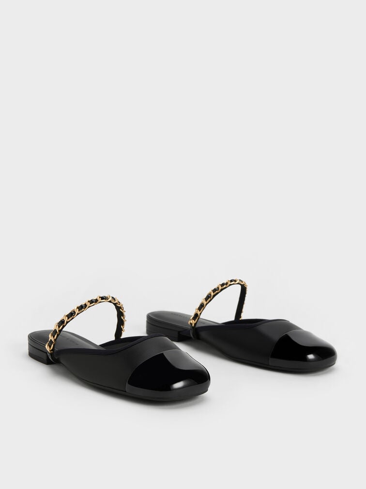 Patent Chain-Strap Mules, Black, hi-res