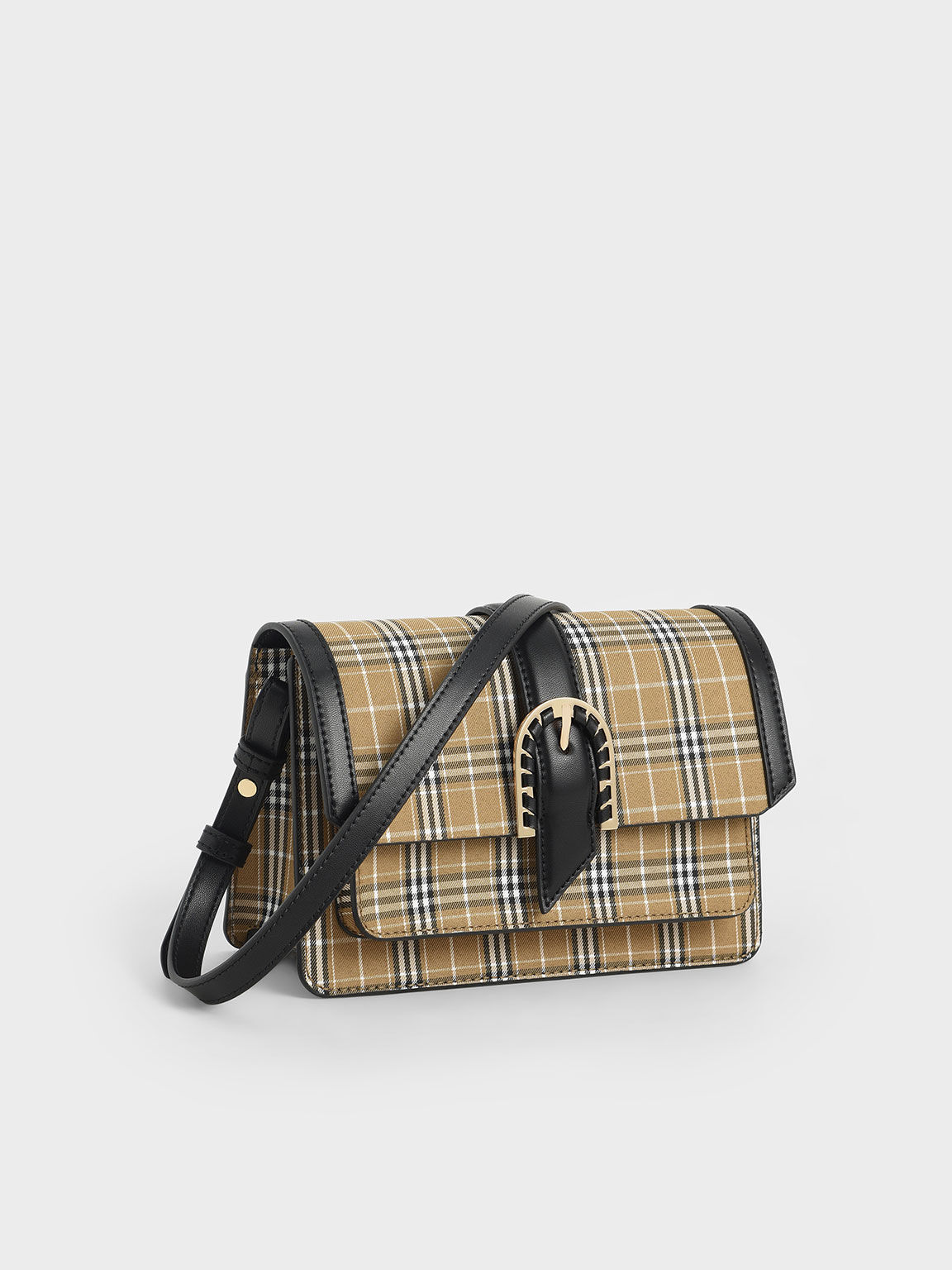 Leather Check Print Buckled Bag, Multi, hi-res