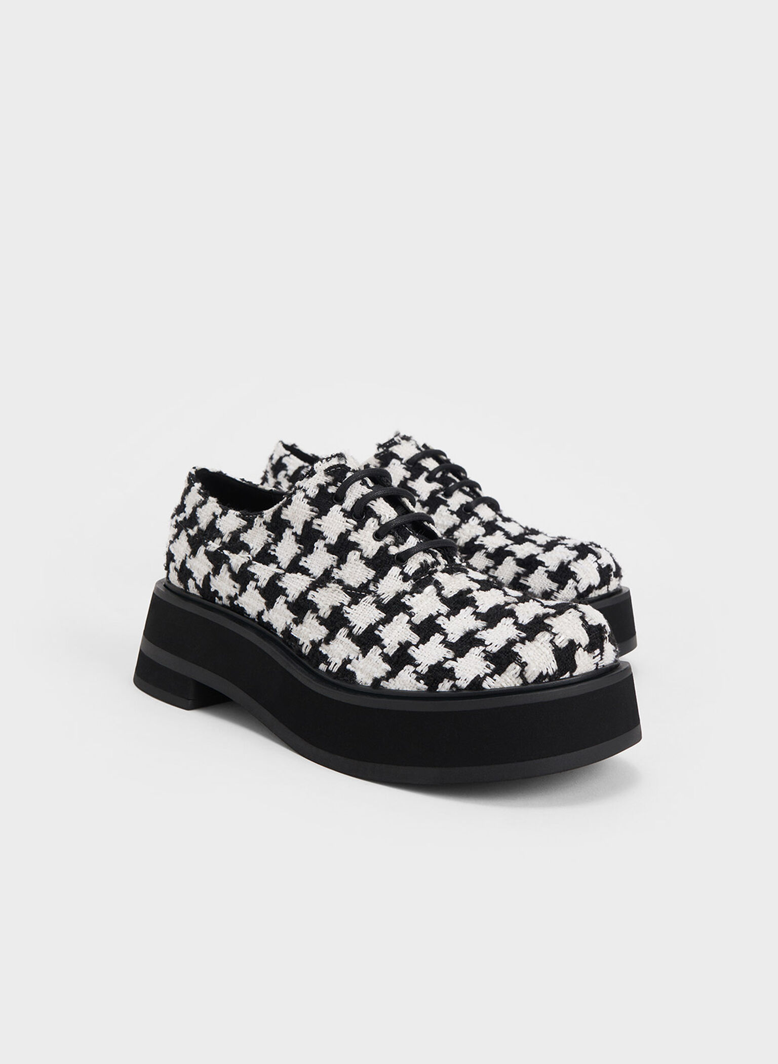 Tweed Houndstooth Platform Lace-Up Oxfords, White, hi-res