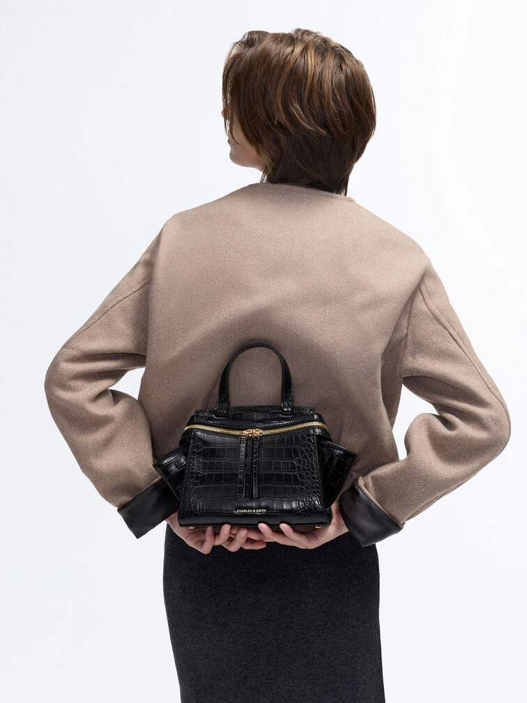 Pansy Trapeze Croc-Effect Top Handle Bag, Black, hi-res