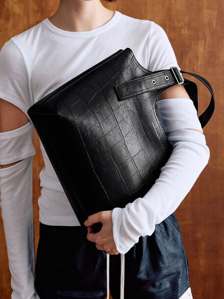 Liv Croc-Effect Tote Bag, Noir, hi-res