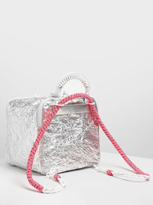 Rope Handle Wrinkled Effect Metallic Backpack, Silver, hi-res