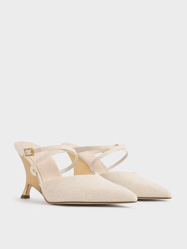 Cuñas de lino con tiras cruzadas y tacón escultural, Beige, hi-res