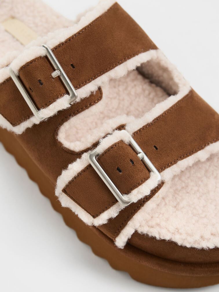 Faux Suede & Faux Shearling Platform Sandals, Brown, hi-res