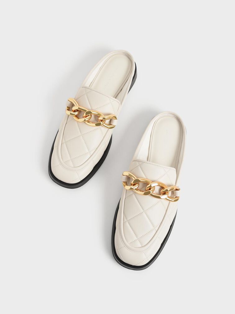 Quilted Chain Loafer Mules, Chalk, hi-res
