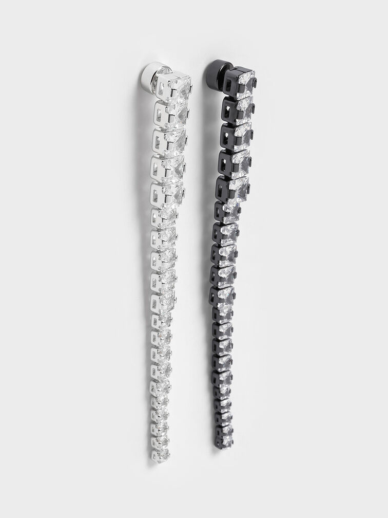 Crystal Row Drop Earrings, Silver, hi-res