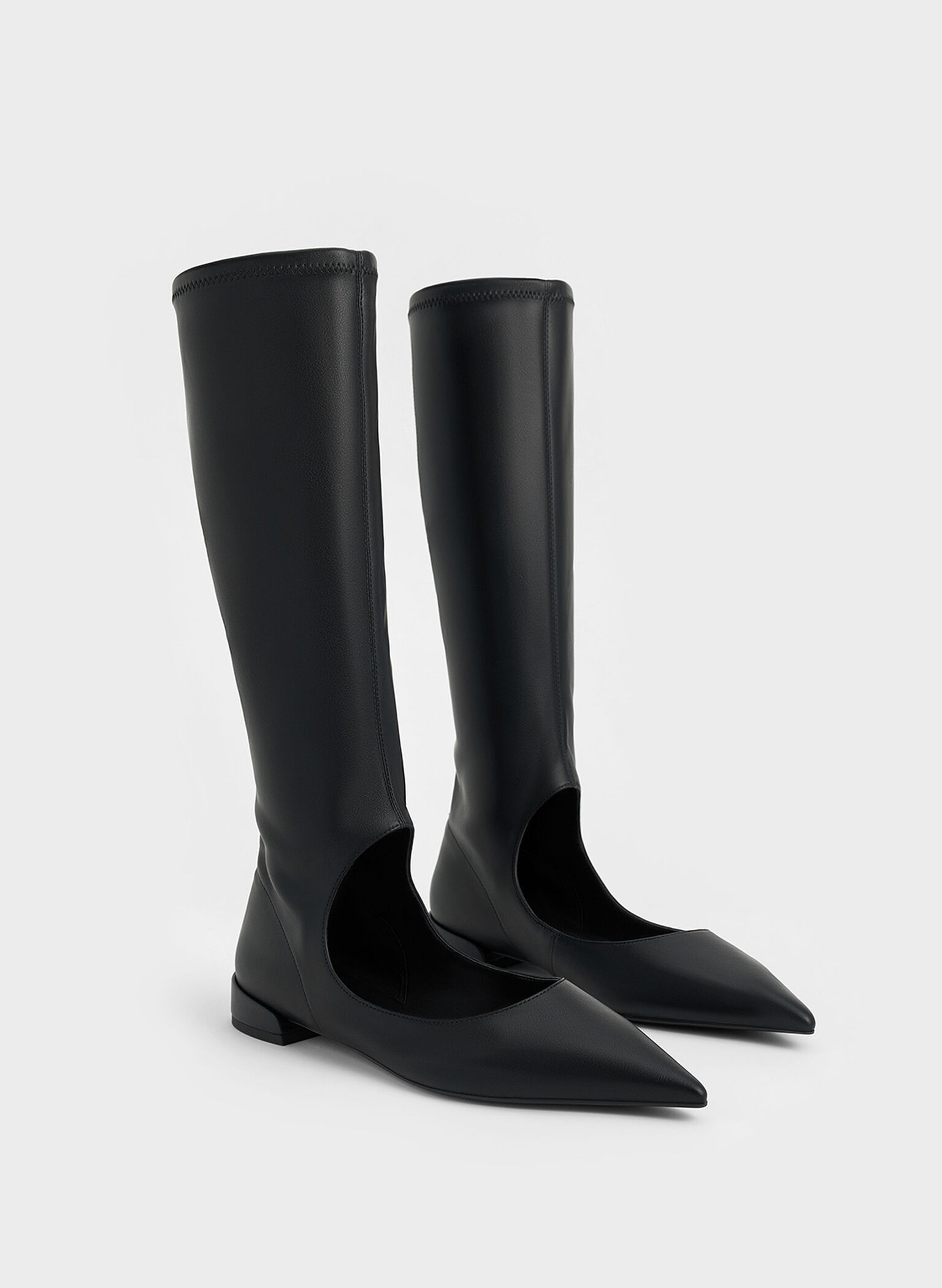 Botas a la rodilla con recortes y punta afilada, Negro, hi-res