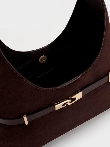 Arlet Recycled Suede Metallic-Accent Belted Hobo Bag, Espresso Brown, hi-res