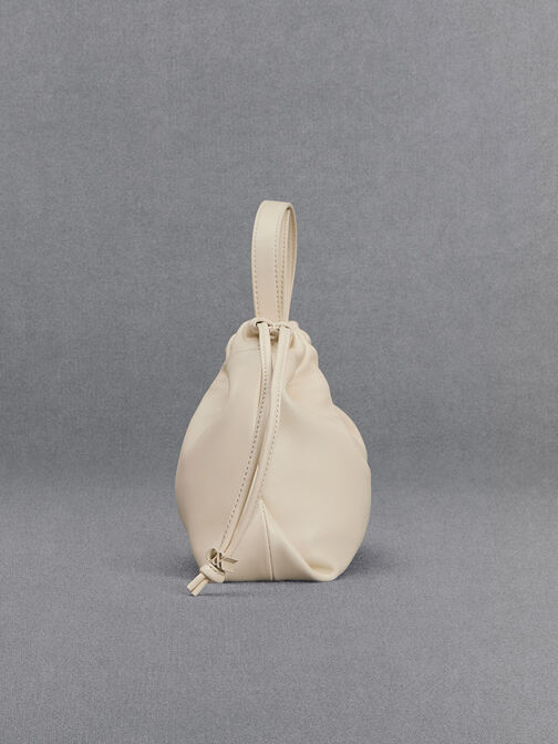 Leather Ruched Drawstring Bag, Chalk, hi-res