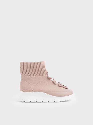 Girls&apos; Knitted High Top Slip-On Sneakers, Pink, hi-res