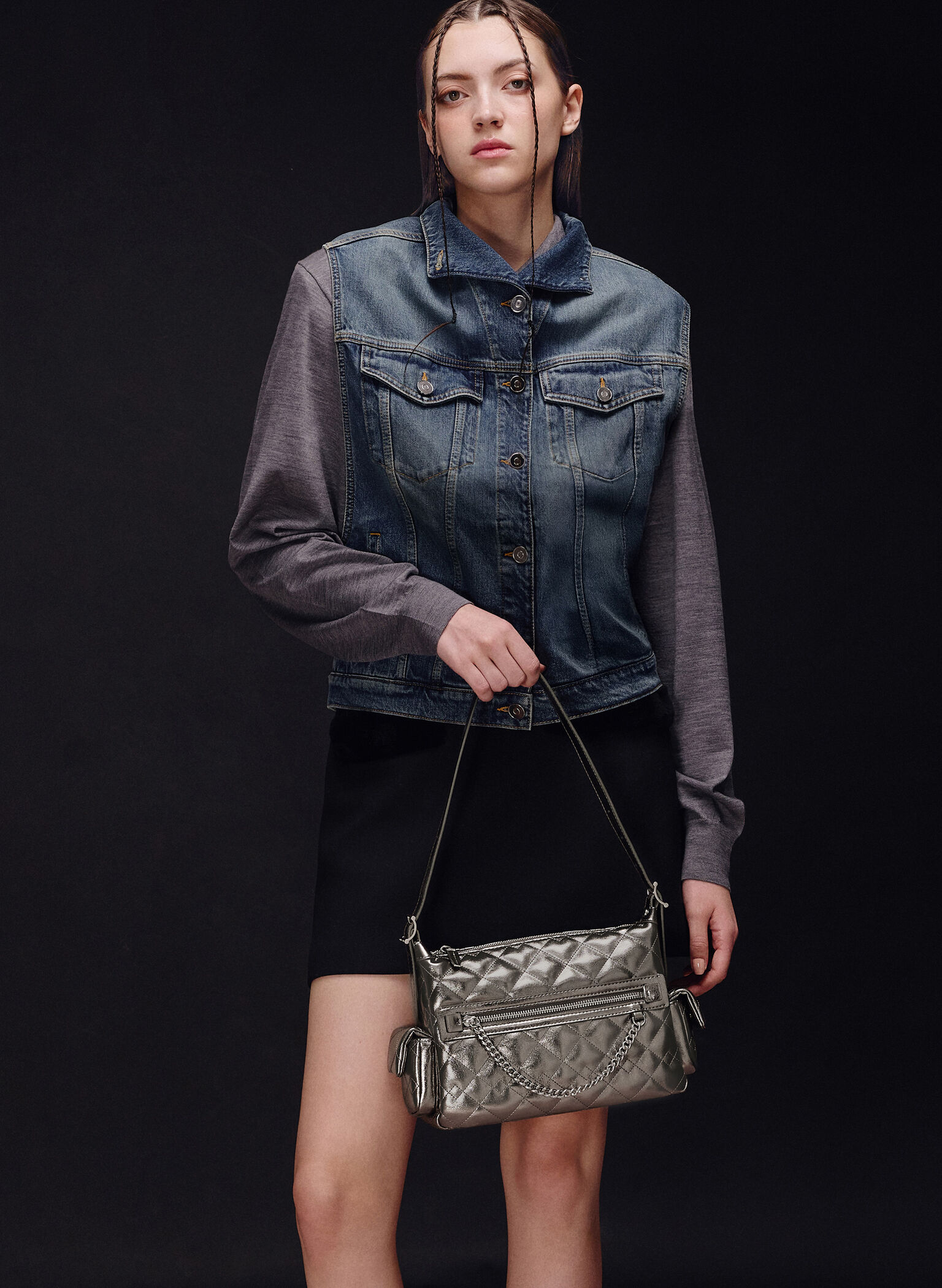 Duo Metallic Quilted Shoulder Bag, Pewter, hi-res