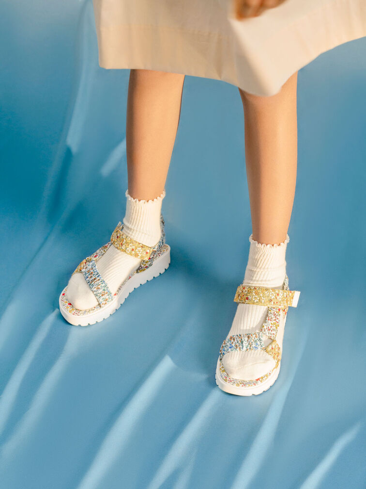 Girls' Printed Satin Sport Sandals, Multi, hi-res