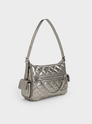 Duo Metallic Quilted Shoulder Bag, Pewter, hi-res