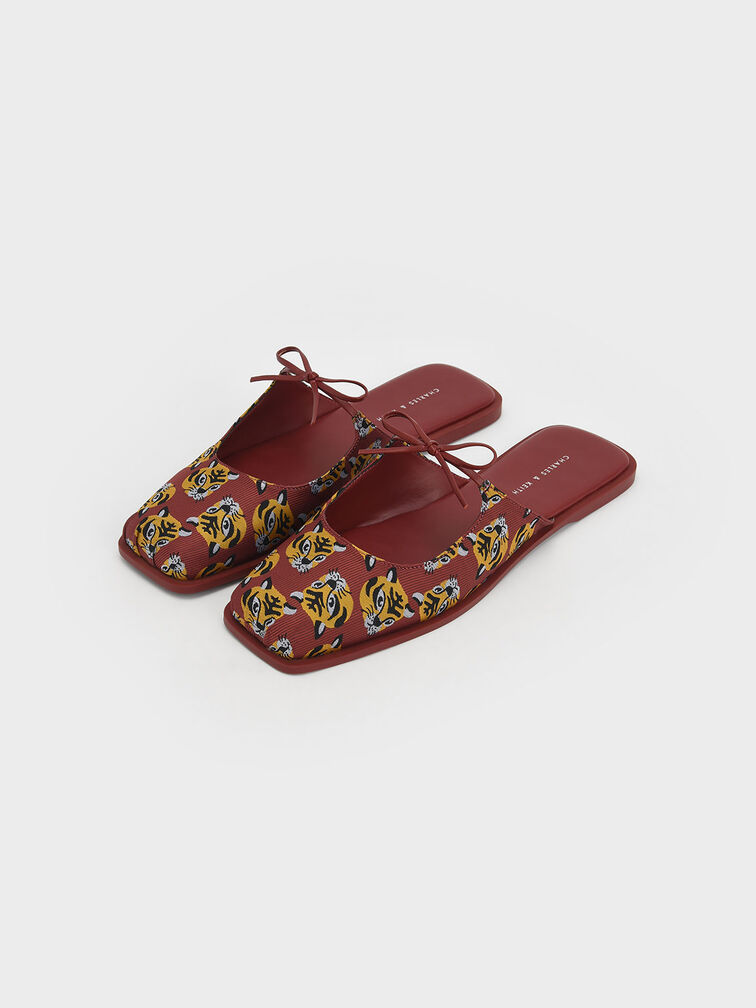 Dionne Tiger-Print Jacquard Flat Mules, Red, hi-res