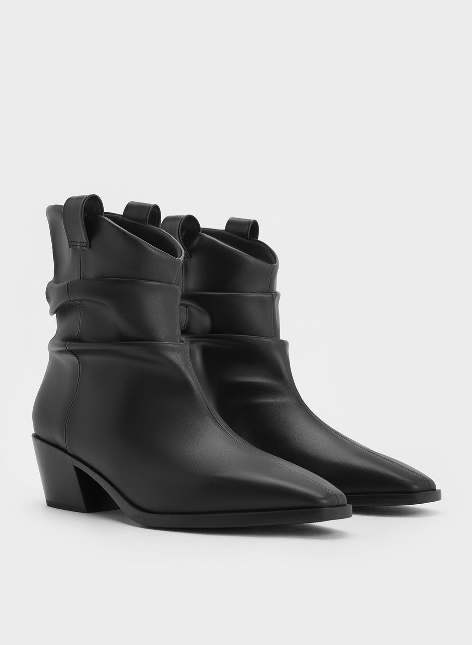Ruched Almond-Toe Cowboy Ankle Boots, Black, hi-res