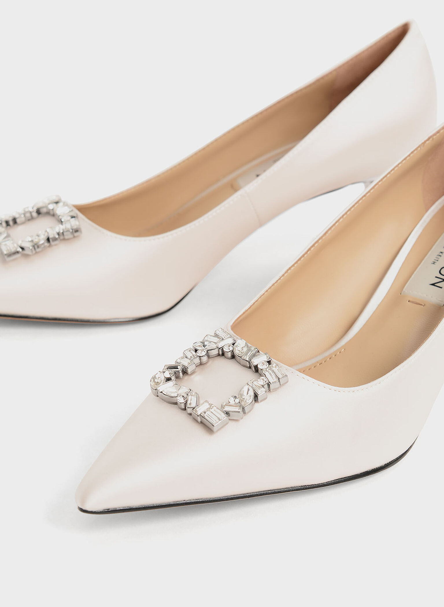 Cream Satin GemEmbellished Kitten Heel Pumps CHARLES & KEITH CA