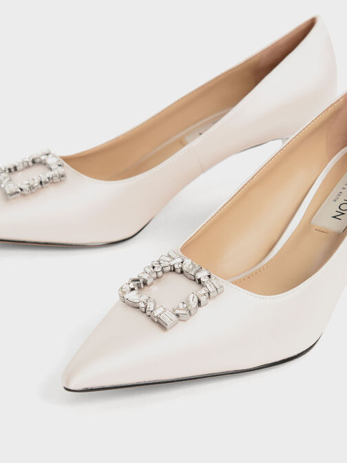 Satin Gem-Embellished Kitten Heel Pumps, Cream, hi-res