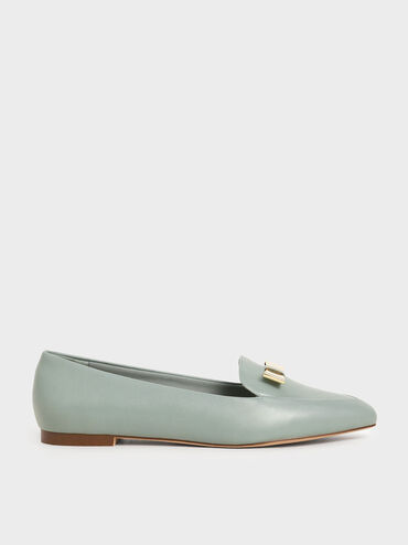 Metal Bow Pointed Loafers, Green, hi-res