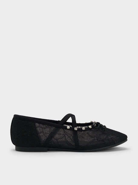 Girls' Lace Crystal Crossover Ballet Flats, Black Textured, hi-res