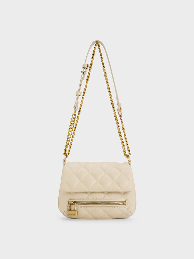 Charles & Keith - Women's Mini Swing Quilted Chain-Handle Bag, Beige, S