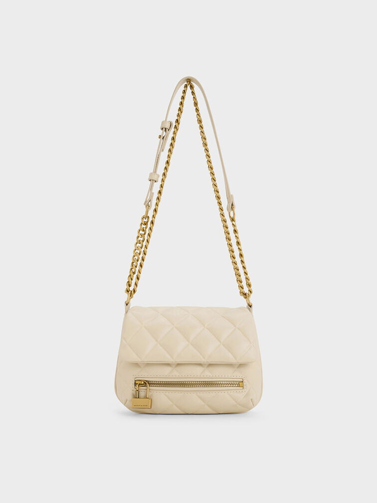 Charles & Keith - Women's Mini Swing Quilted Chain-Handle Bag, Beige, S