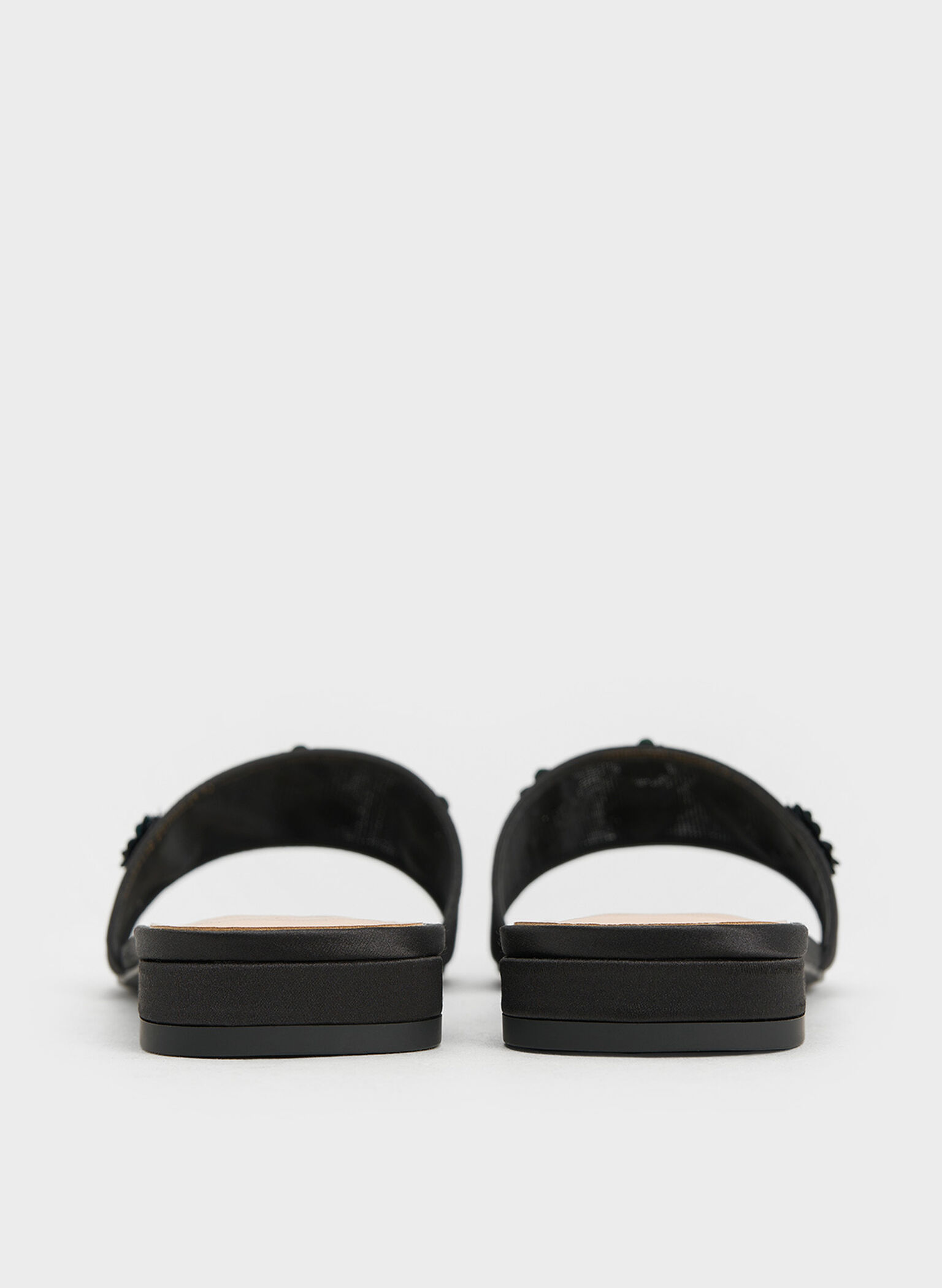 Mesh & Satin Sequin-Flower Slide Sandals, Black Textured, hi-res