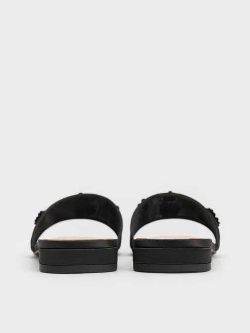 Sandalias de malla y satén con lentejuelas y flores, Negro texturizado, hi-res