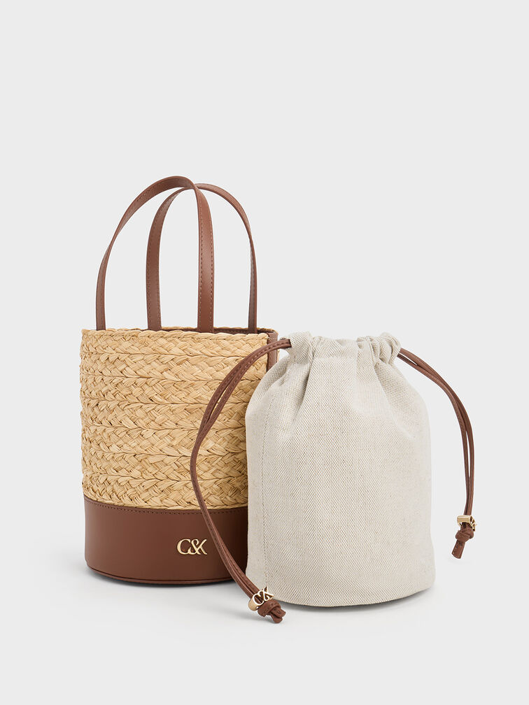 Leather & Raffia Bucket Bag, Brown, hi-res