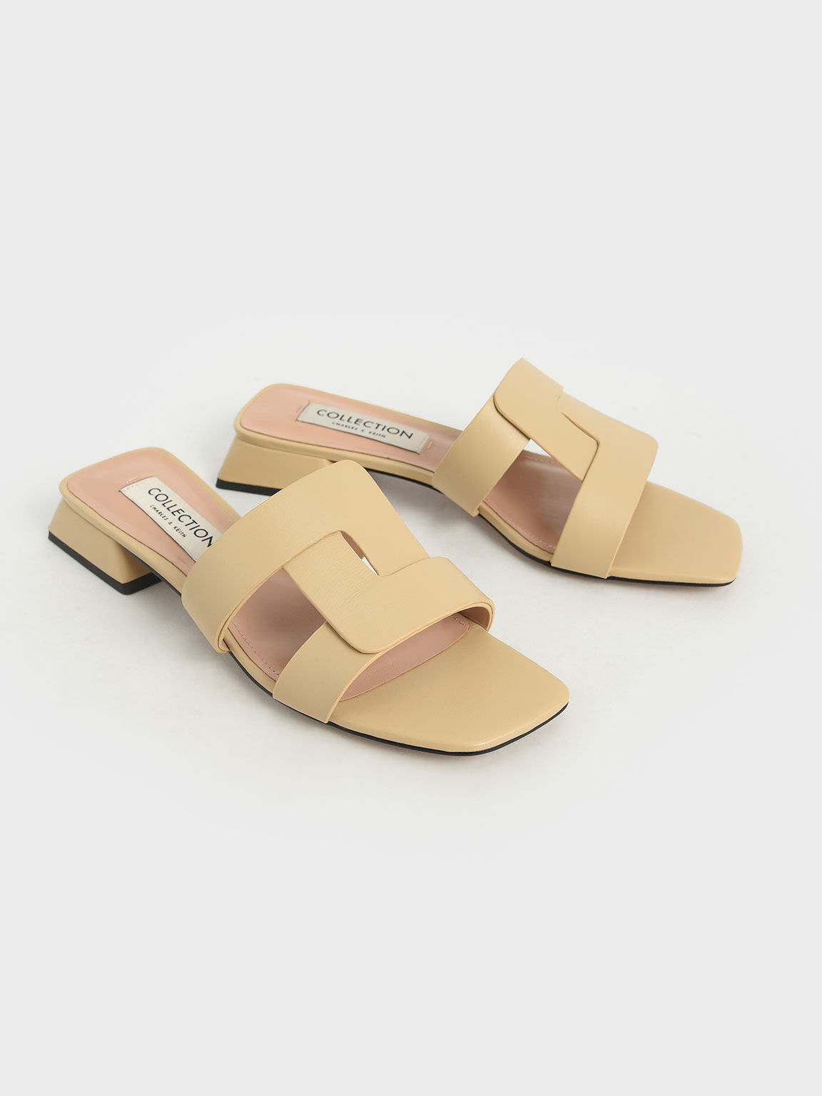 Leather Cut Out Mules, Beige, hi-res