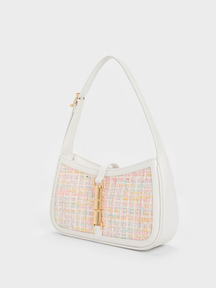 Bolso de hombro Cesia de tweed con detalles metalizados, Blanco, hi-res