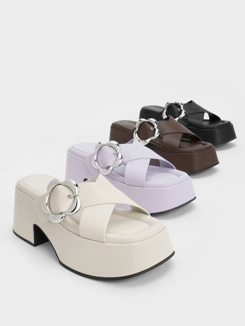 Flower-Buckle Crossover Platform Mules, Lilac, hi-res