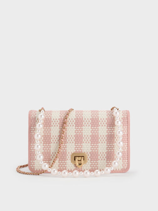 Alessia Checkered Pearl-Embellished Wallet on Chain, Light Pink, hi-res