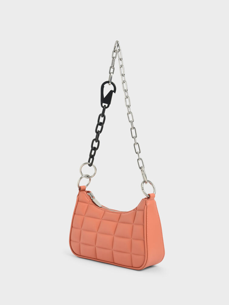 Maze Quilted Chain Shoulder Bag, Orange, hi-res