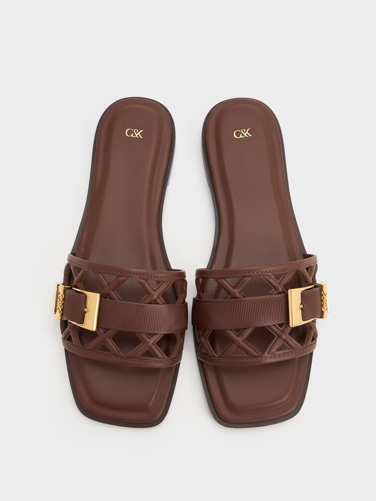 Whitney Leather Cut-Out Slide Sandals, Brown, hi-res