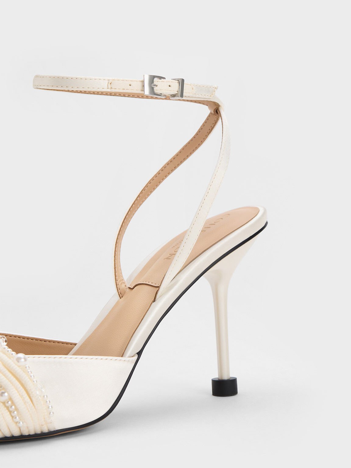 Beaded Satin Ankle-Strap Pumps, White, hi-res