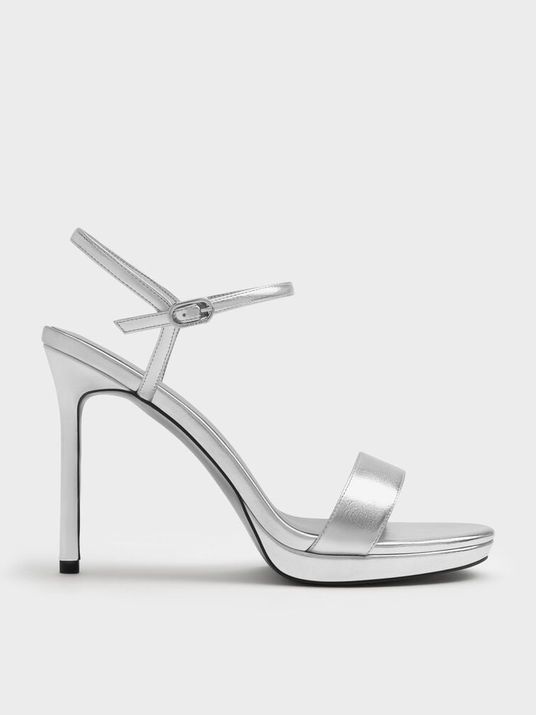 Metallic Ankle-Strap Stiletto Sandals, Silver, hi-res