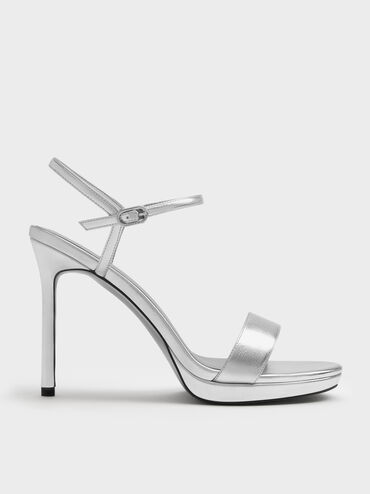 Metallic Ankle-Strap Stiletto Sandals, Silver, hi-res