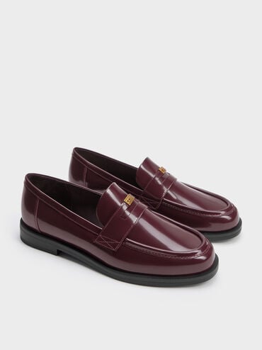 Georgina Leather Metallic-Accent Penny Loafers, Burgundy, hi-res