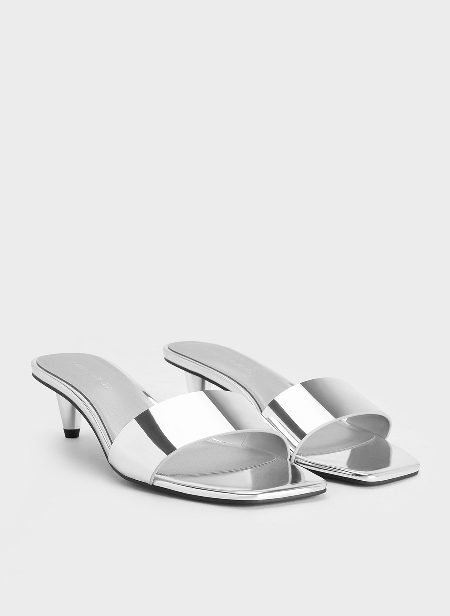 Metallic Cone-Heel Mules, Silver, hi-res