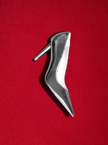 Tacones metálicos con tacón de cono, Plateado, hi-res