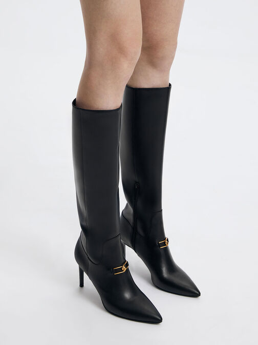 Gabine Leather Heeled Knee-High Boots, Black, hi-res