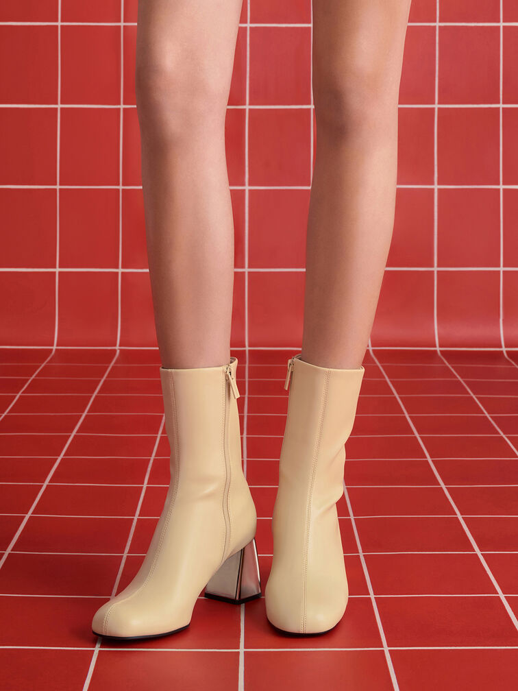 Metallic Block-Heel Ankle Boots, Beige, hi-res