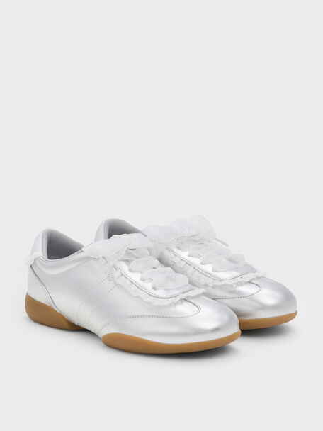 Girls' Metallic Lace-Trim Sneakers, Silver, hi-res