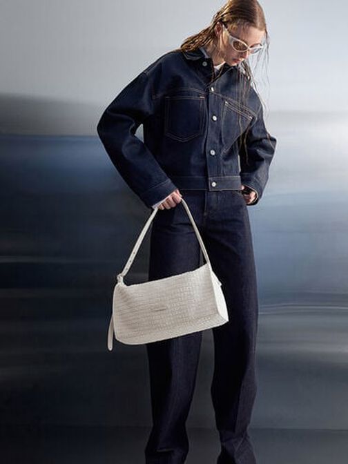 Textured Elongated Shoulder Bag, Frosted White, hi-res